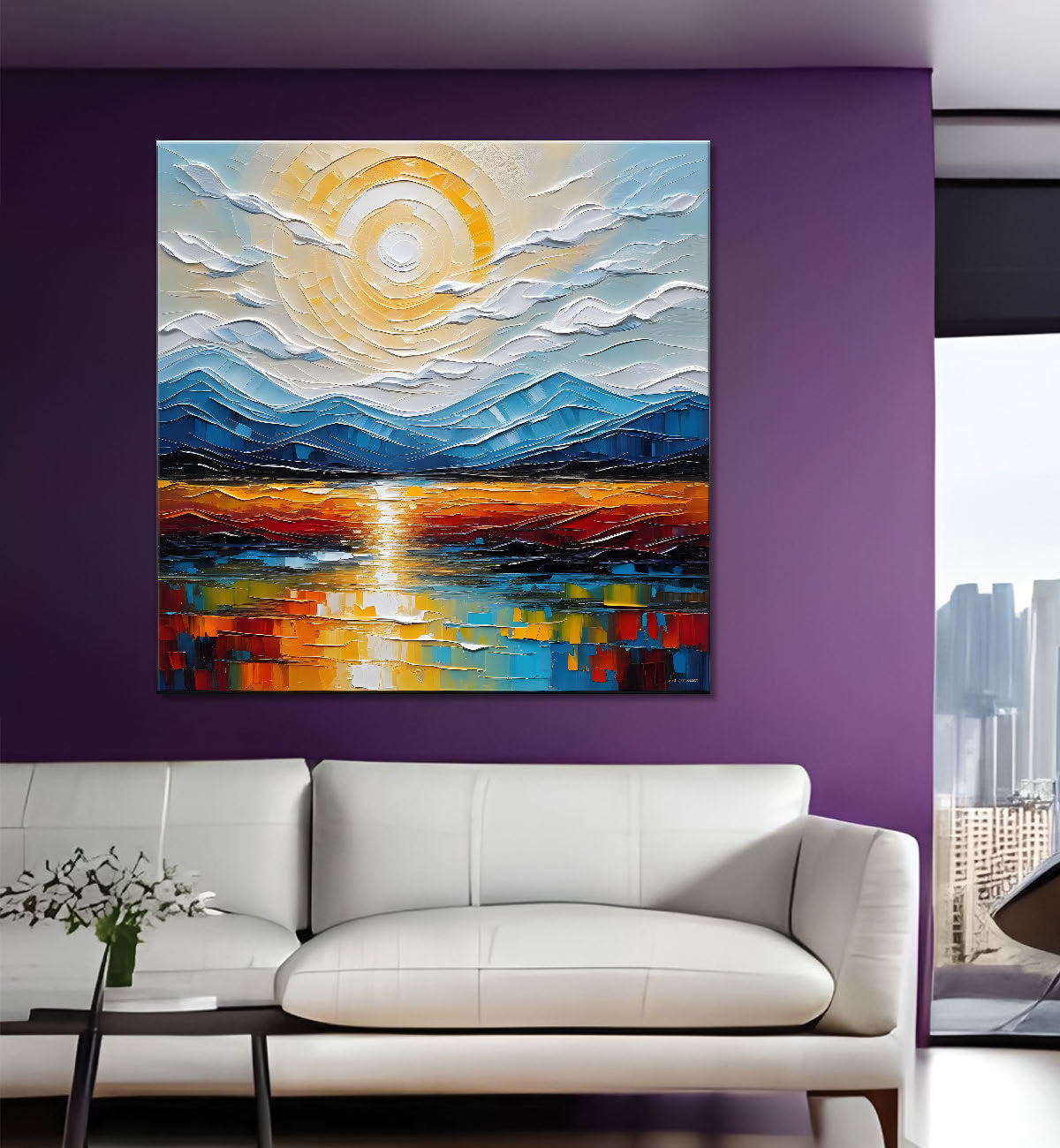 Mountians and lake with sunrise background painting Canvas Painting 24X24- Nature Art -S-28