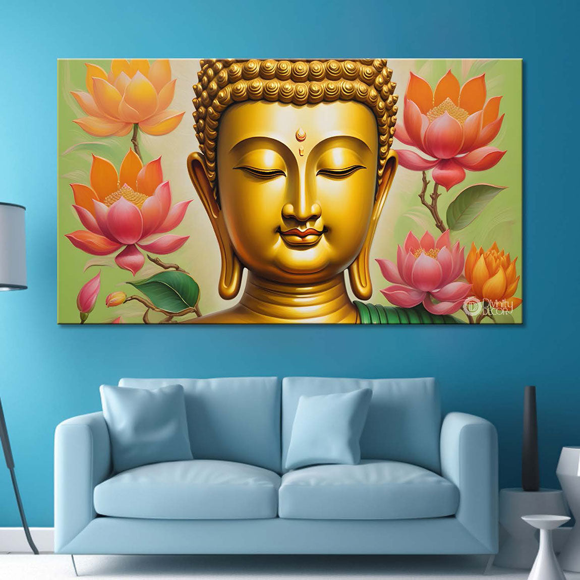 Golden buddha with lotus textured painting Canvas Wall Painting - Buddha-28
