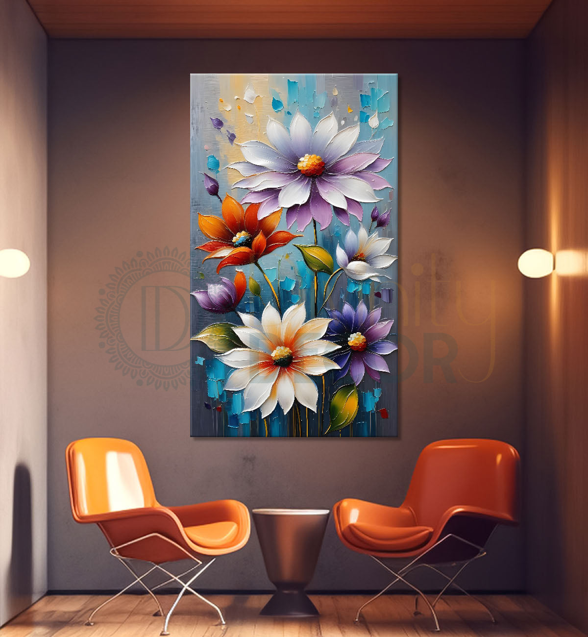 Colourful flowers in blue textured background painting - Flower-V-28