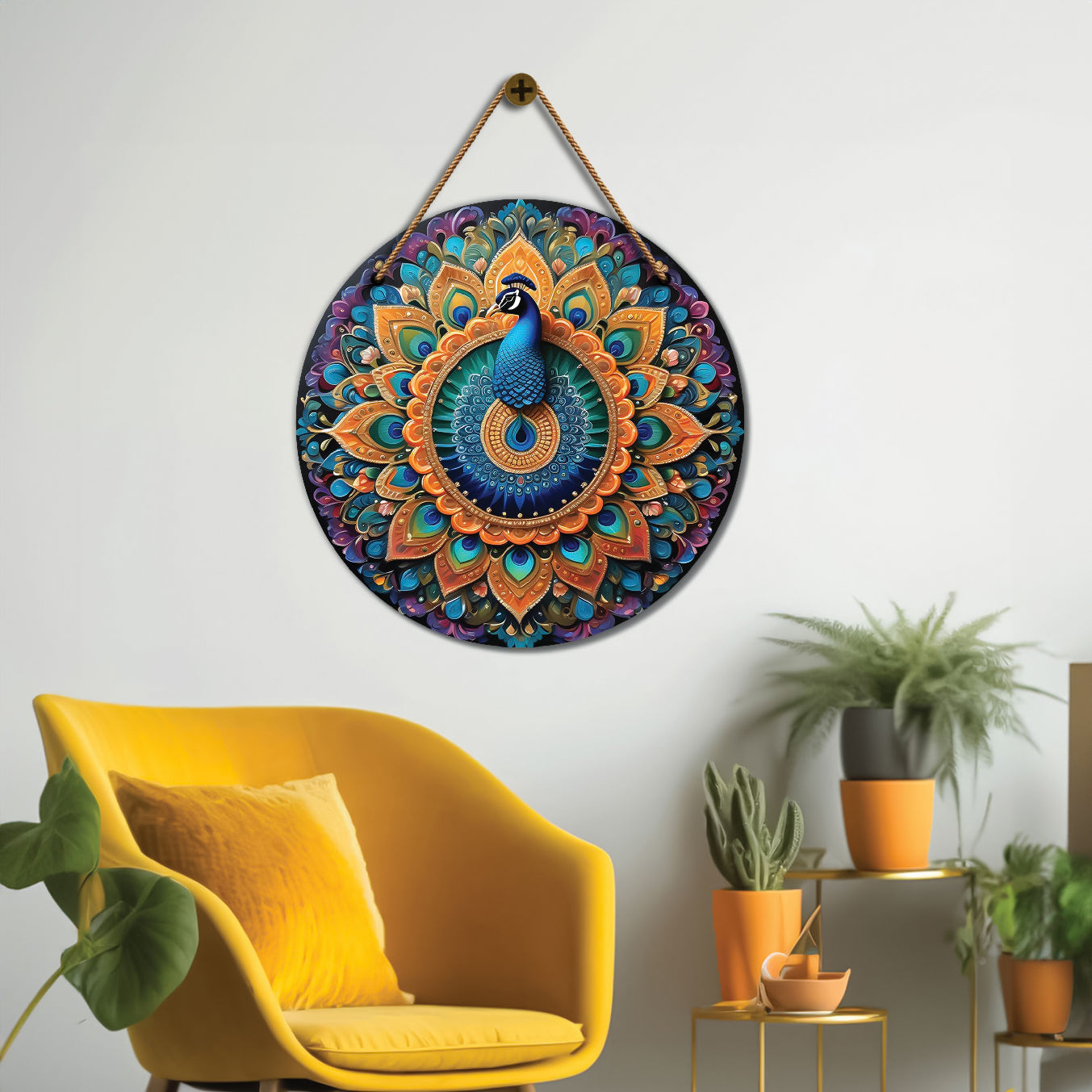 Peacock in golden and blue mandala Round Wooden Wall Hanging for wall Décor - Design - 29