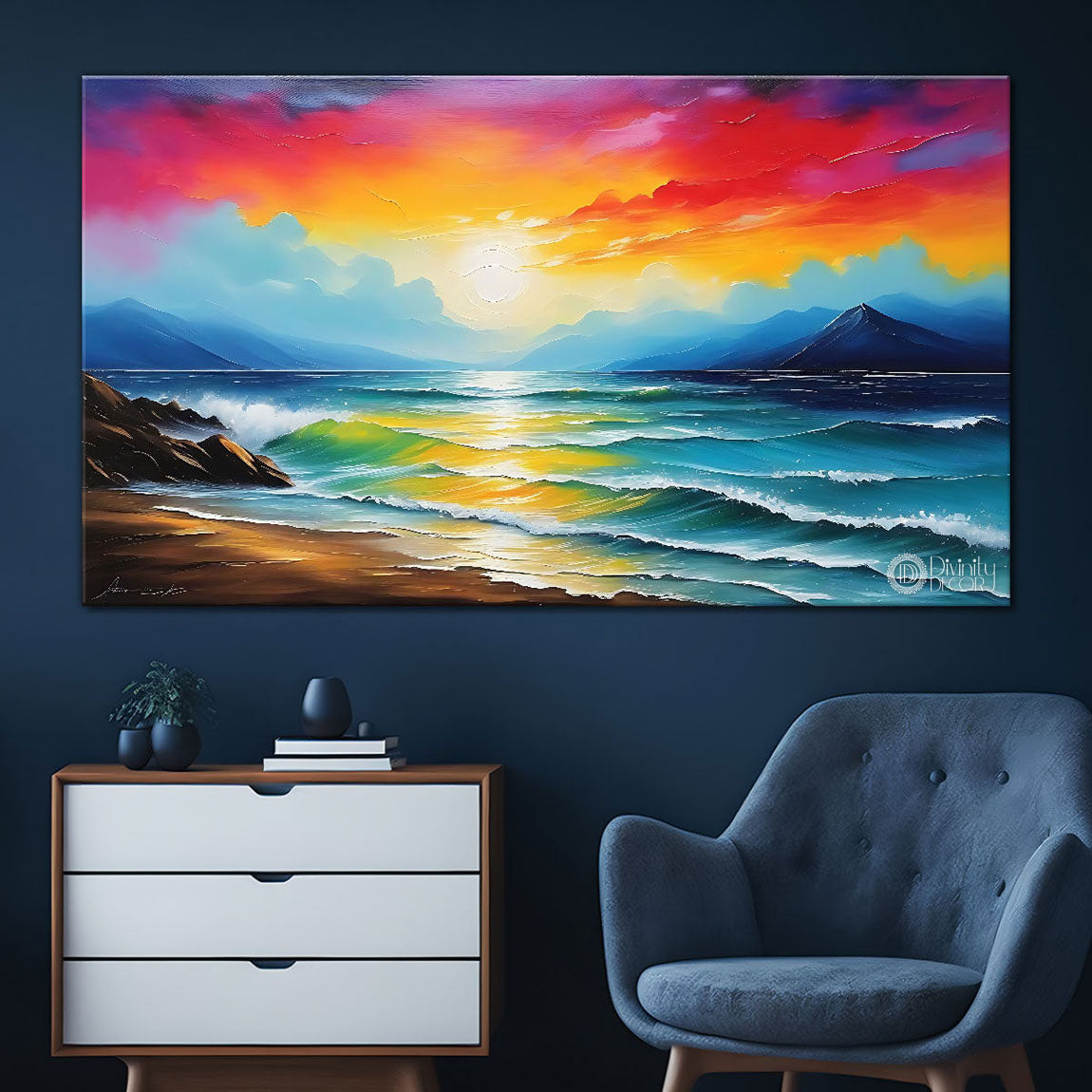 Mountains with sea with colorful sky in textured natural art Canvas Painting - Nature Art -29