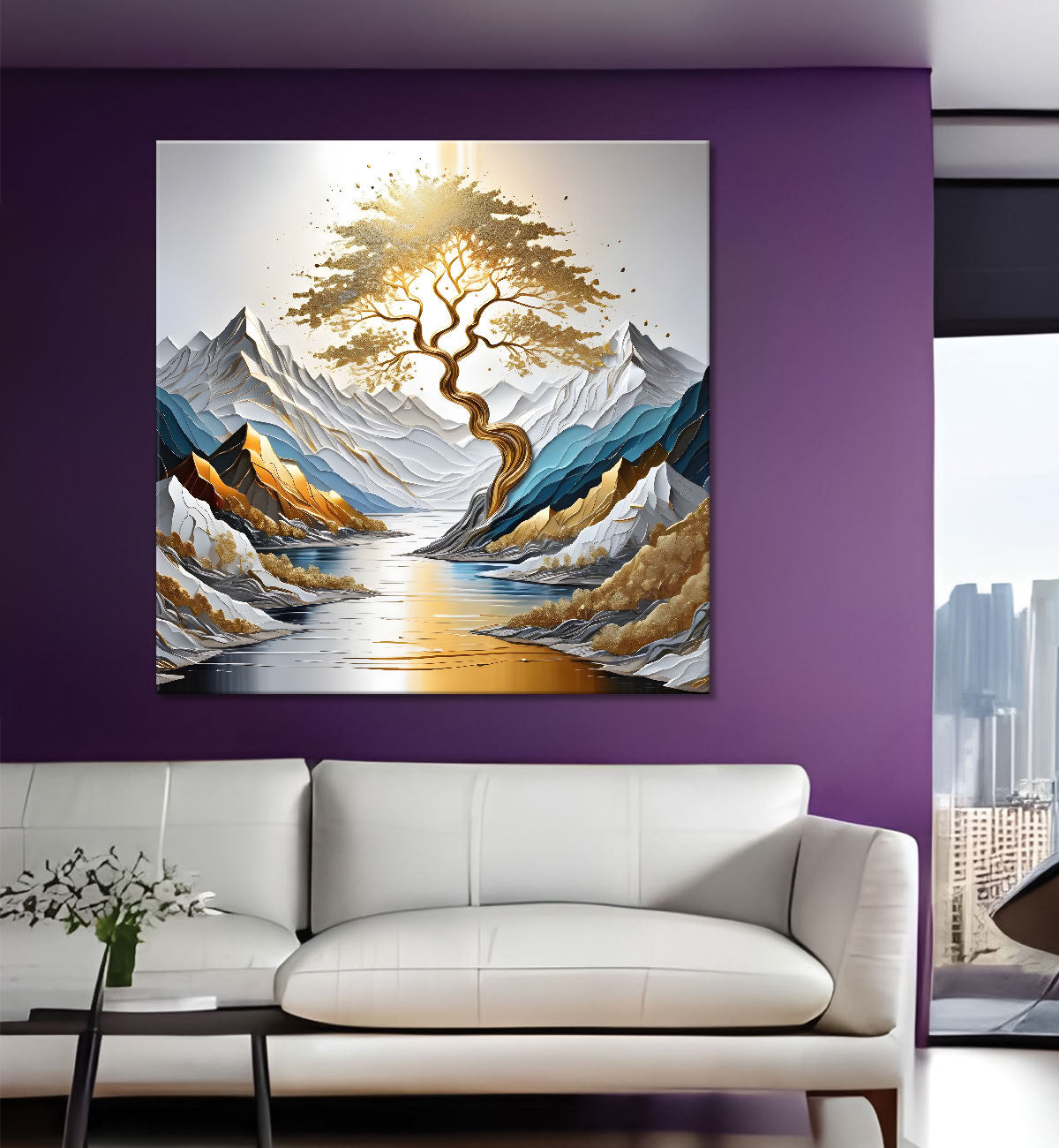 Golden tree with river and mountains in light background painting Canvas Painting 24X24 - Nature Art -S-29