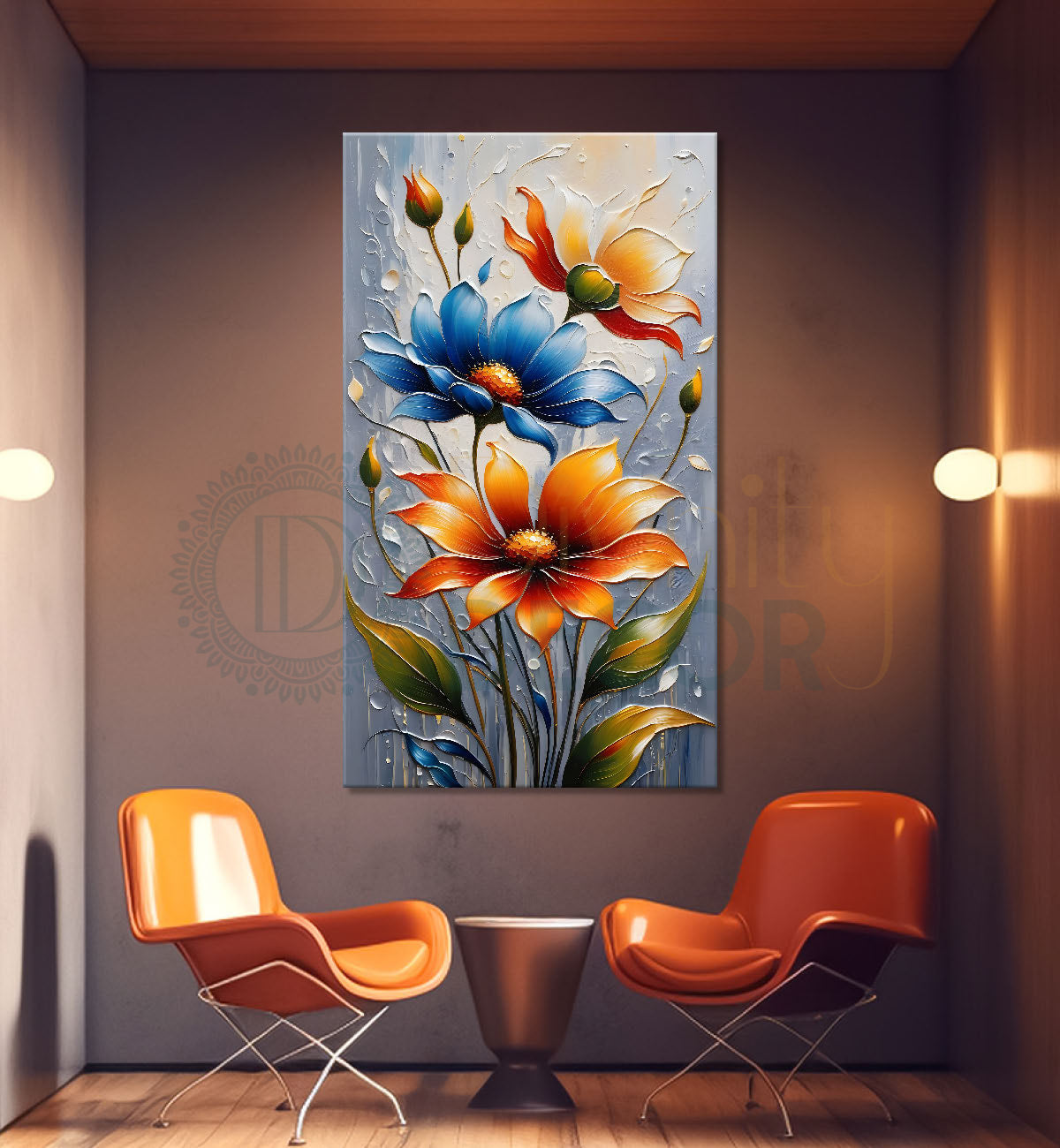 Colourful flowers in grey textured background painting - Flower-V-29