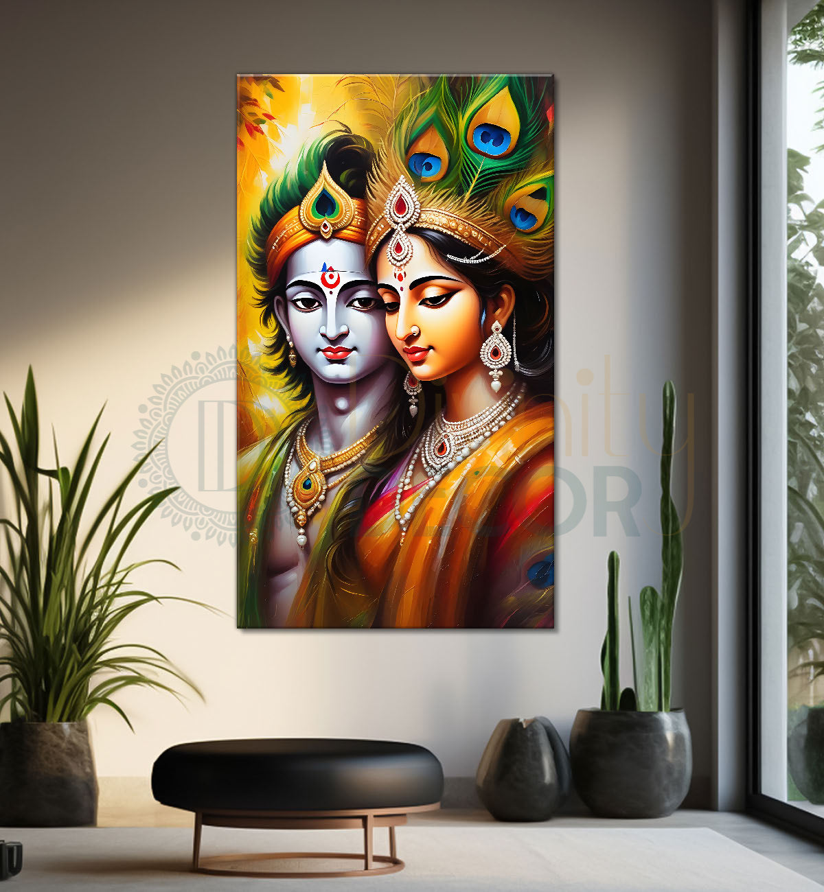 Blue face of krishna with radha in yellow background textured art Canvas Painting - Design - Krishna-V-2
