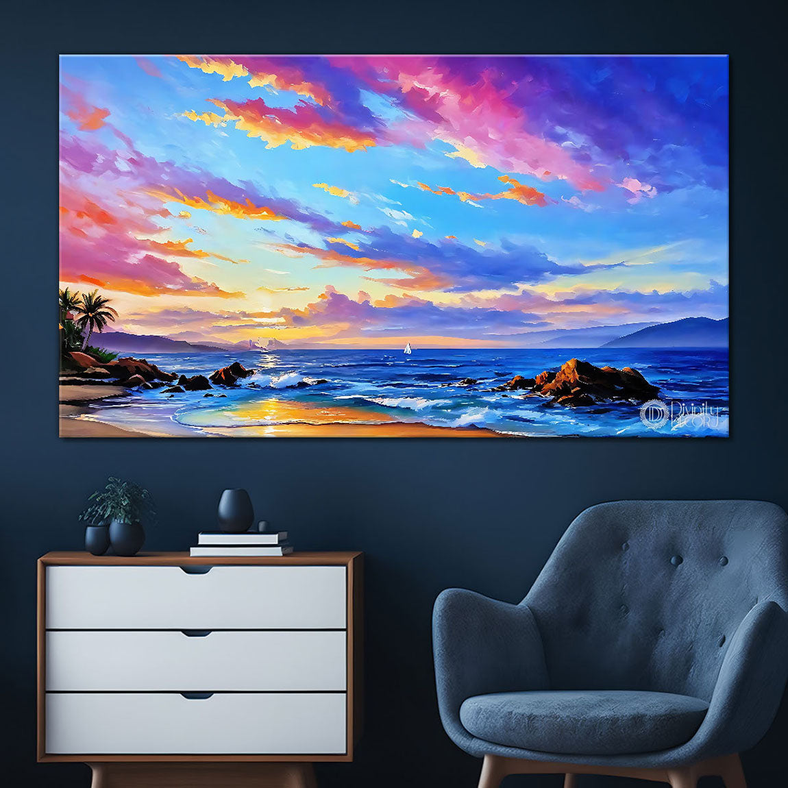 Sea view through beach with beautiful cloudy sky in textured natural  art Canvas Painting - Nature Art -30