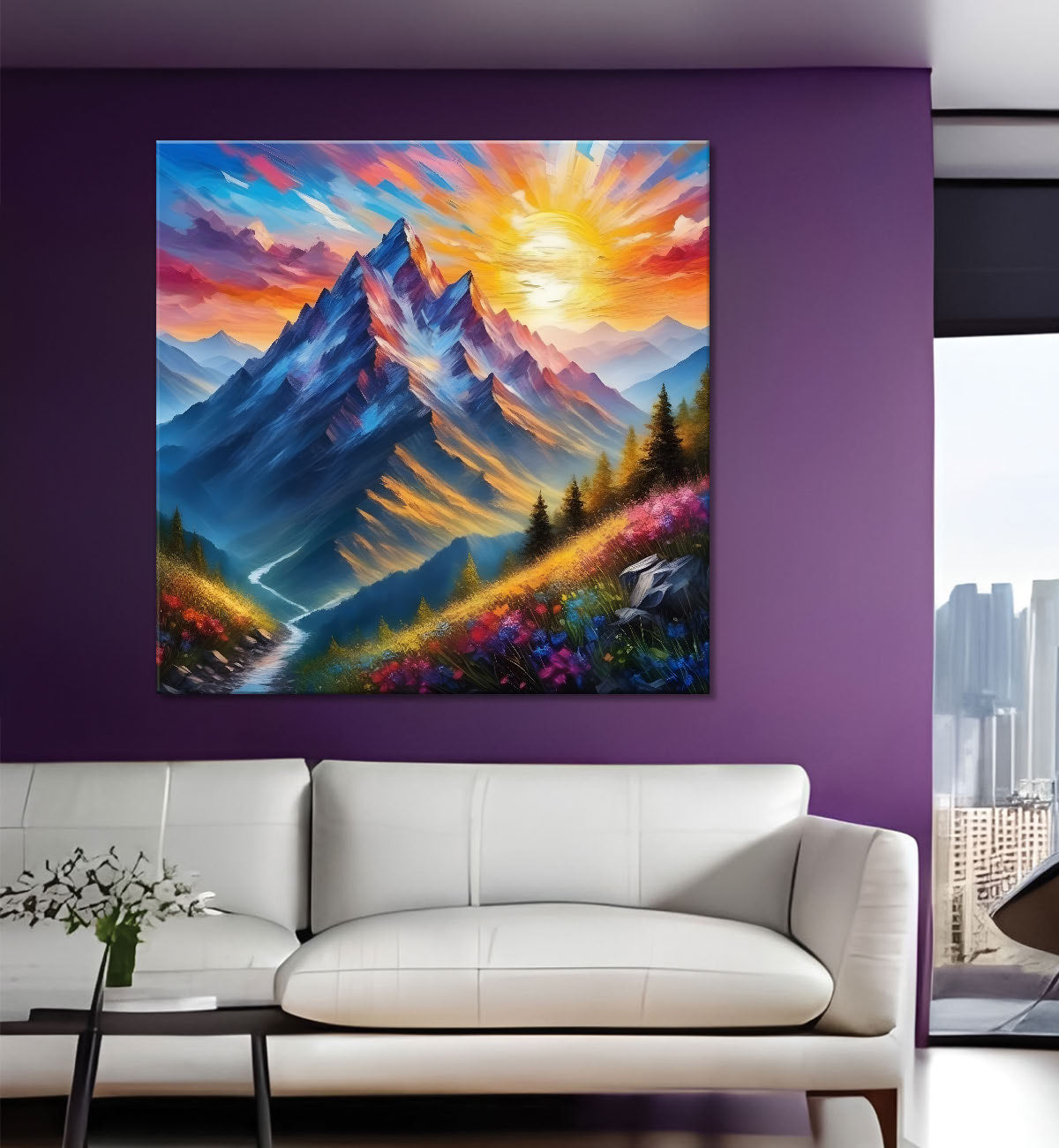 Mountains with greenery and flowers in sunrise textured painting Canvas Painting 24X24- Nature Art -S-30
