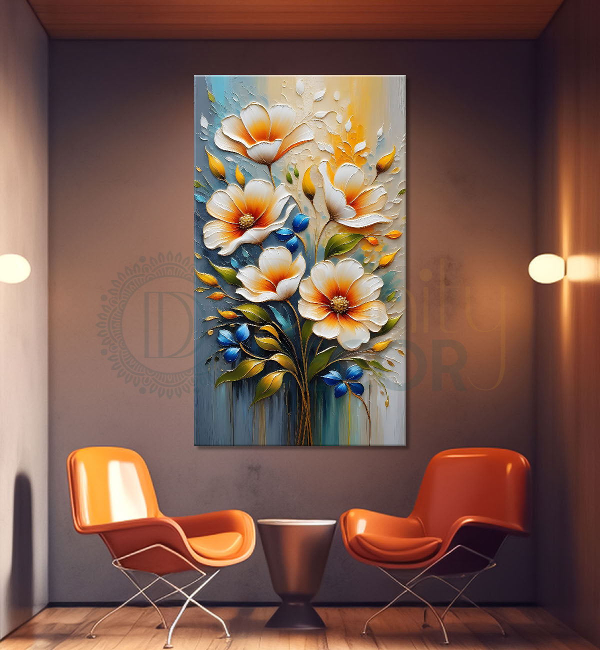 White flowers in grey textured background painting - Flower-V-31