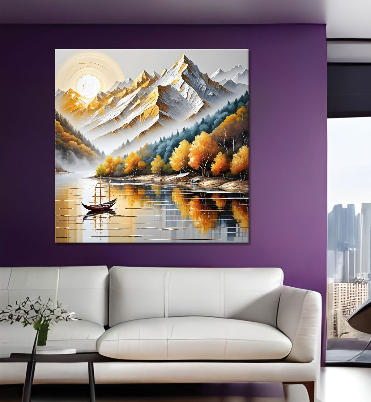 Golden tree with river and mountains in light background painting Canvas Painting 24X24- Nature Art -S-31