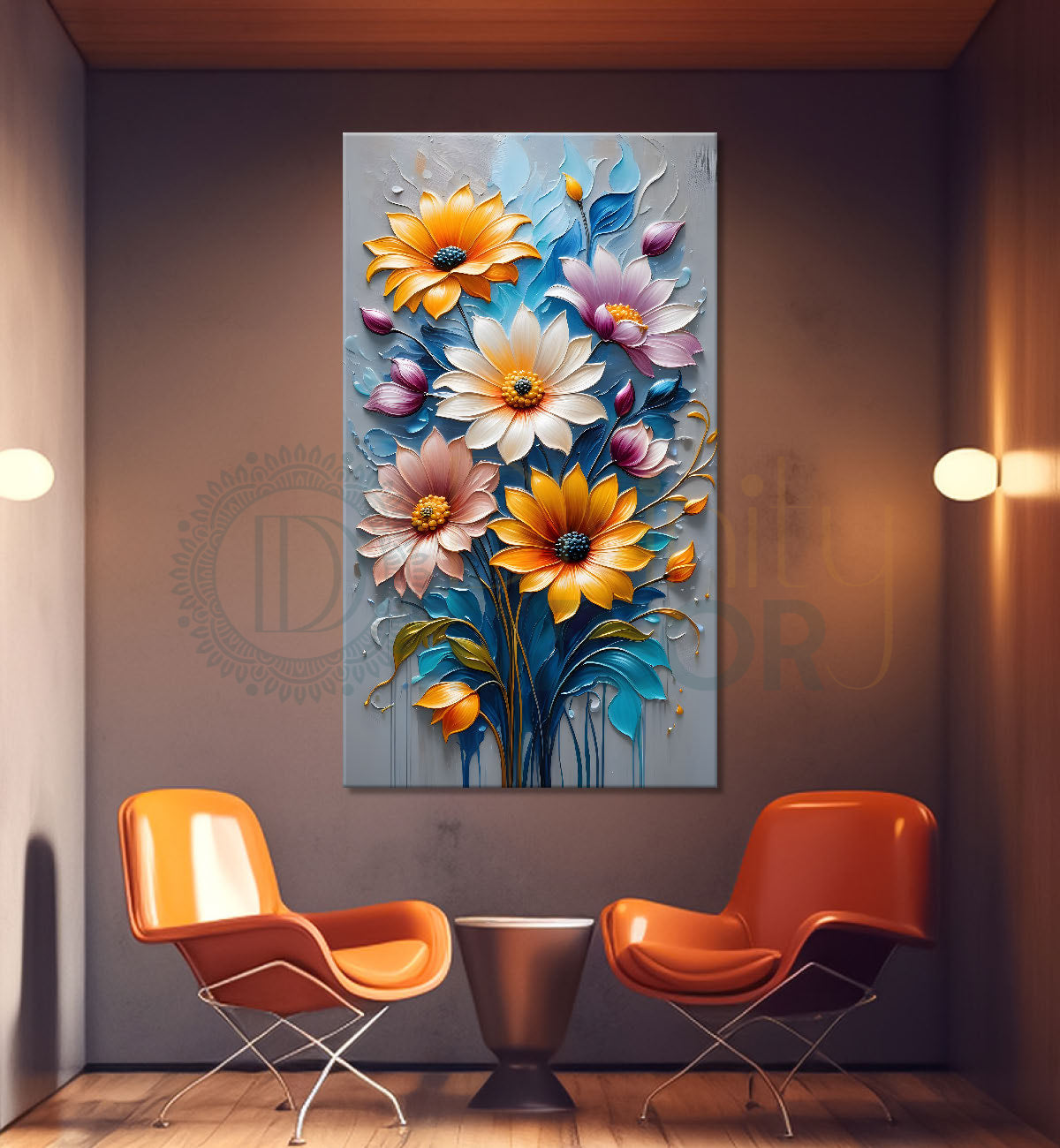 Colourful flowers in grey textured background painting - Flower-V-32