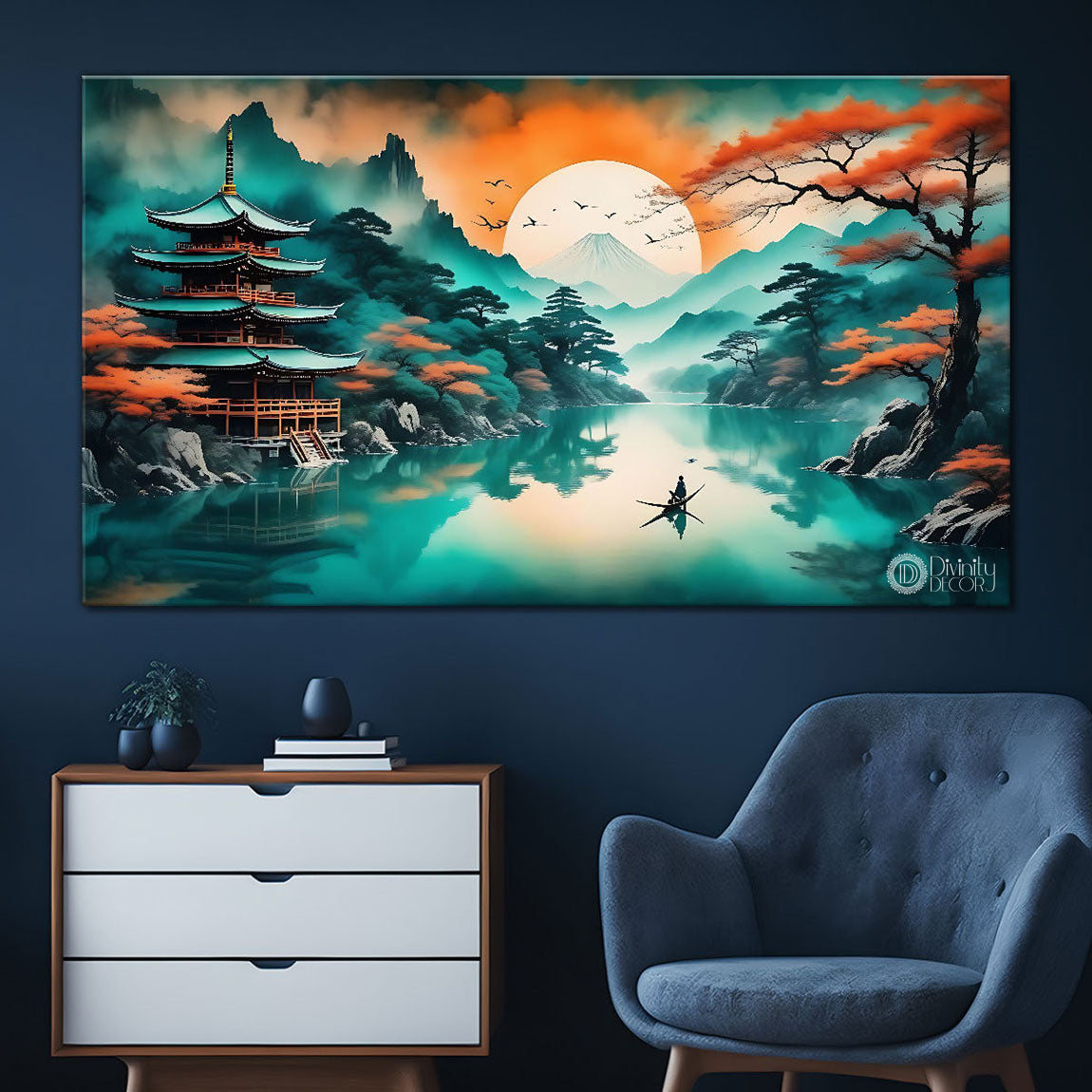 Mountains with orange trees and lake with green textured modern art Canvas Painting - Nature Art -32