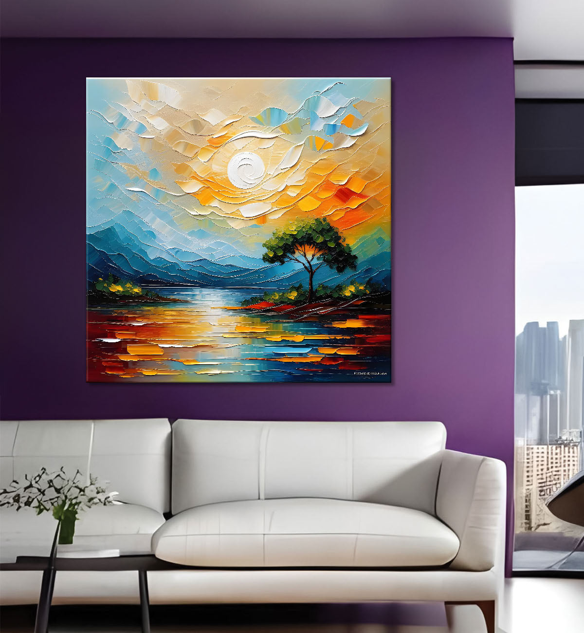Mountains with sun and lake textuerd natural painting Canvas Painting 24X24 - Nature Art -S-32