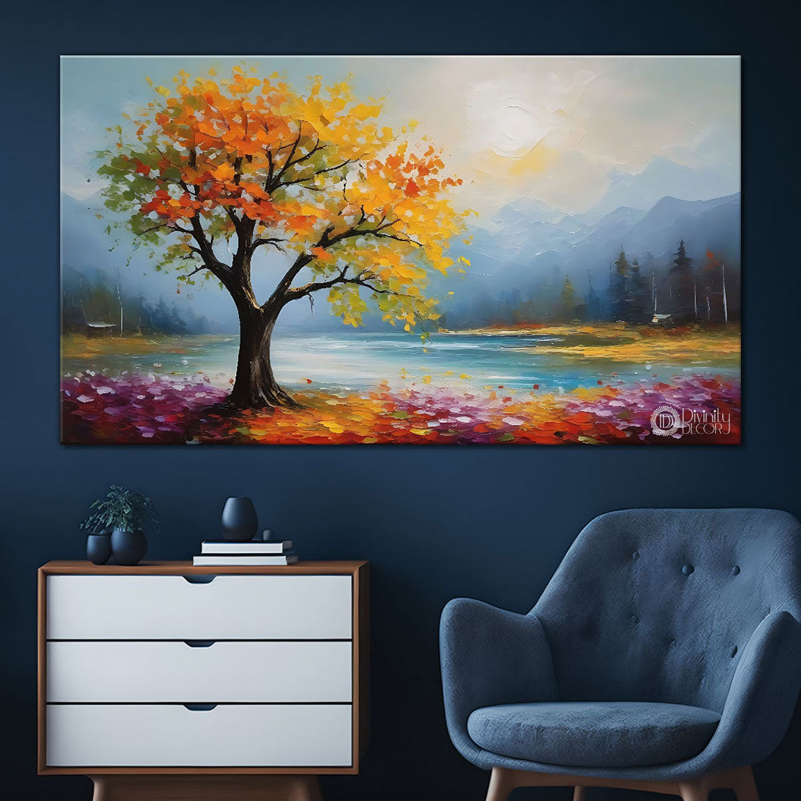 Yellow tree with lake and colorful flowers Canvas Painting - Nature Art -33