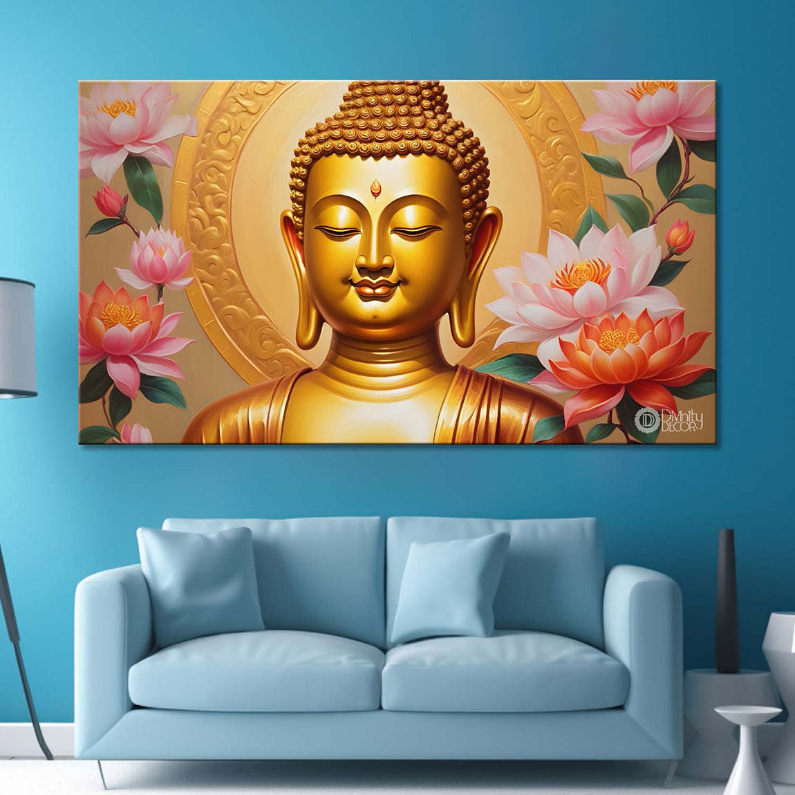 Golden buddha with lotus textured painting Canvas Wall Painting - Buddha-33