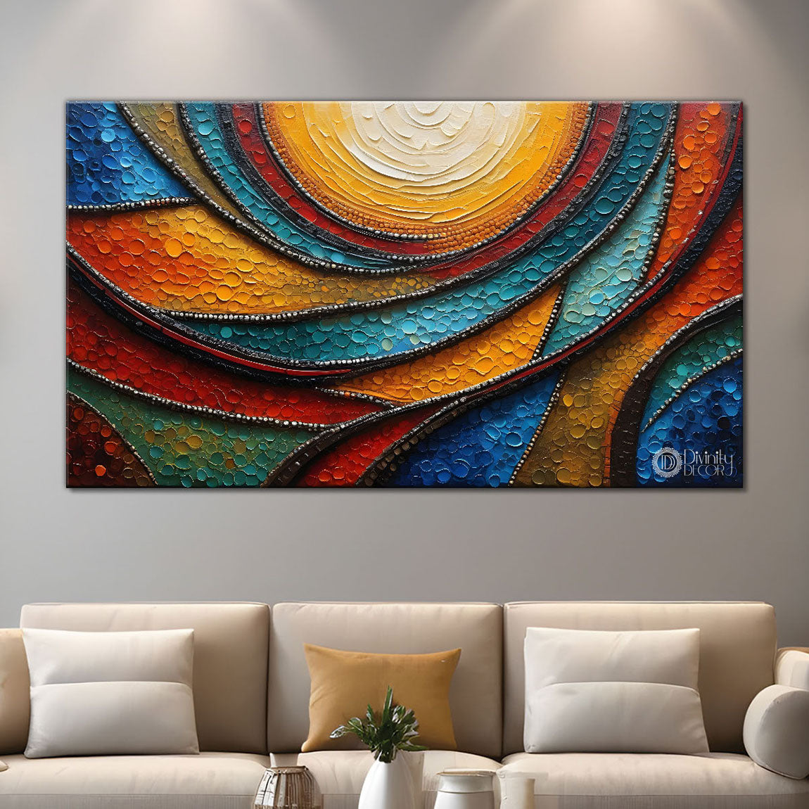 Colorful waves with Sun textured art Canvas Painting - Design - Modern-L-33