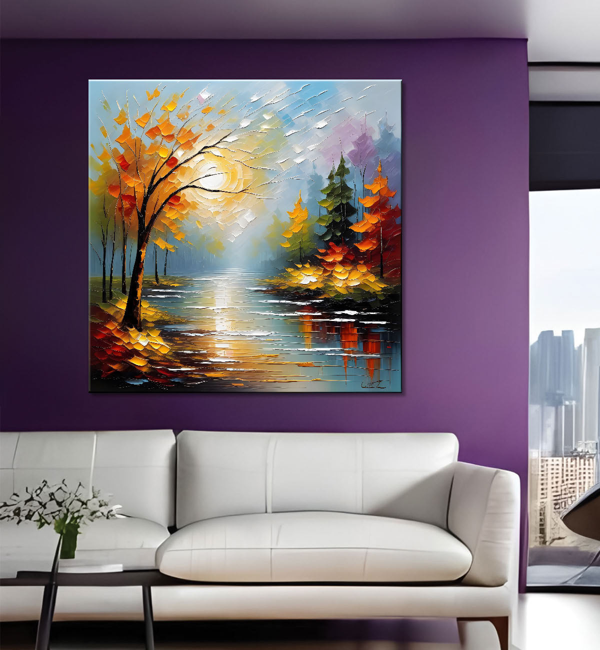 Orange tree with lake in textured natural painting Canvas Painting 24X24- Nature Art -S-33