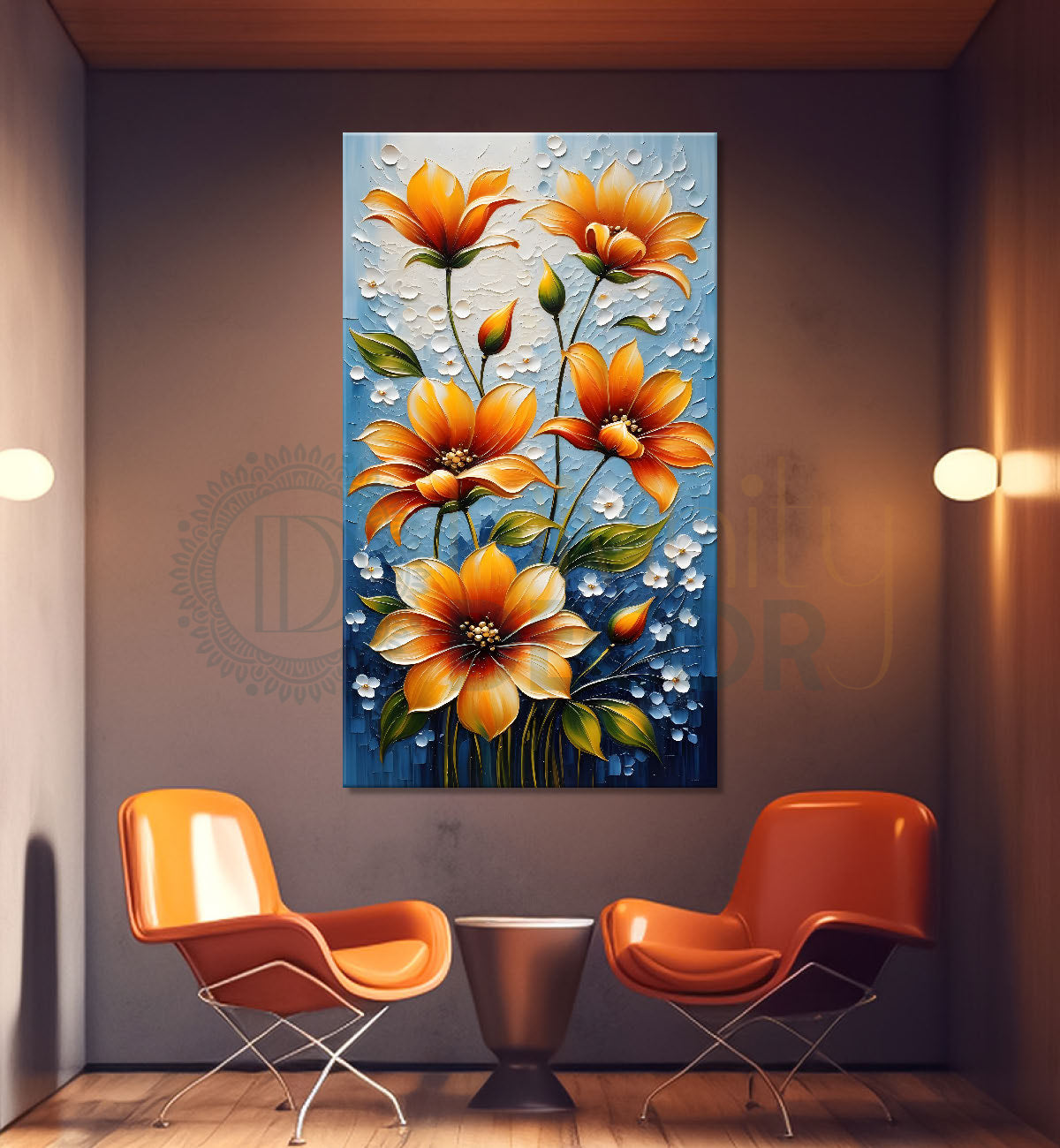 Orange flowers in grey textured background painting - Flower-V-33
