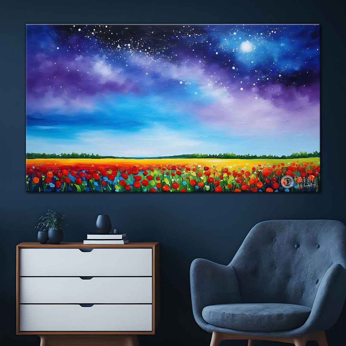 Beautiful blue sky with flowers field in textured natural art Canvas Painting - Nature Art -34