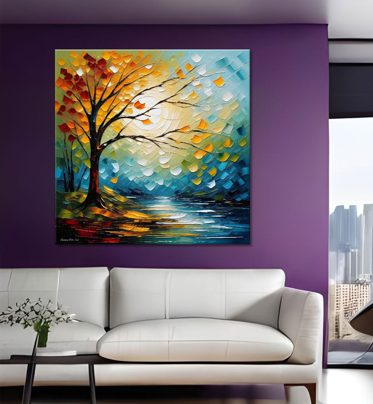 Colourful tree with lake in textured natural art painting Canvas Painting 24X24 - Nature Art -S-34
