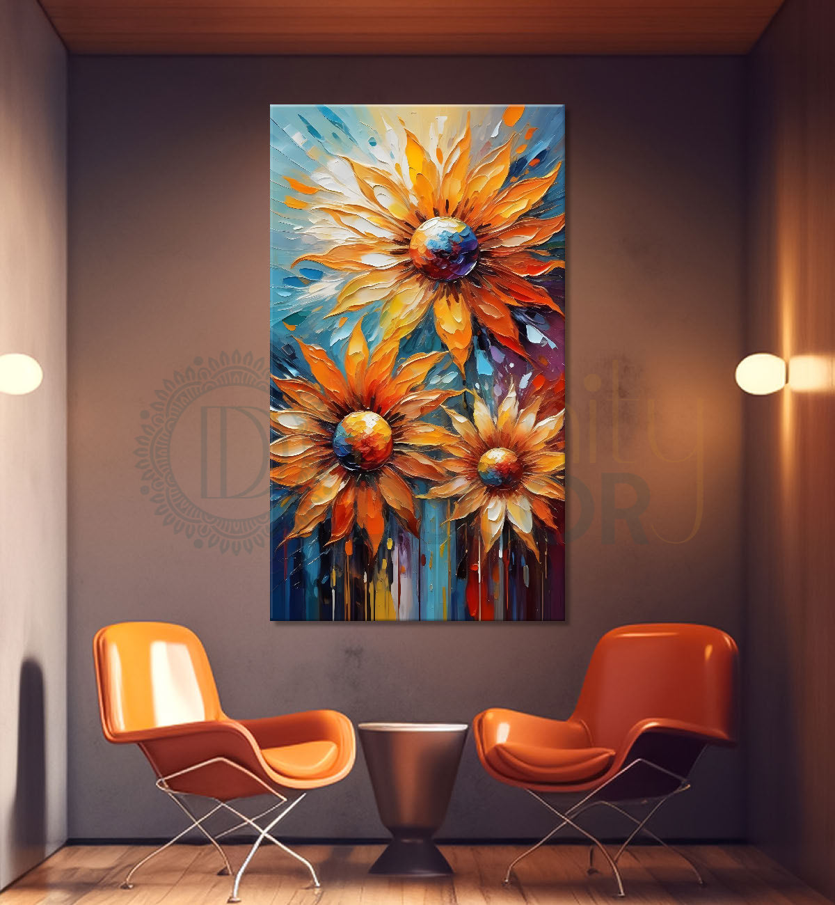 Orange flowers in colourful textured background painting- Flower-V-34