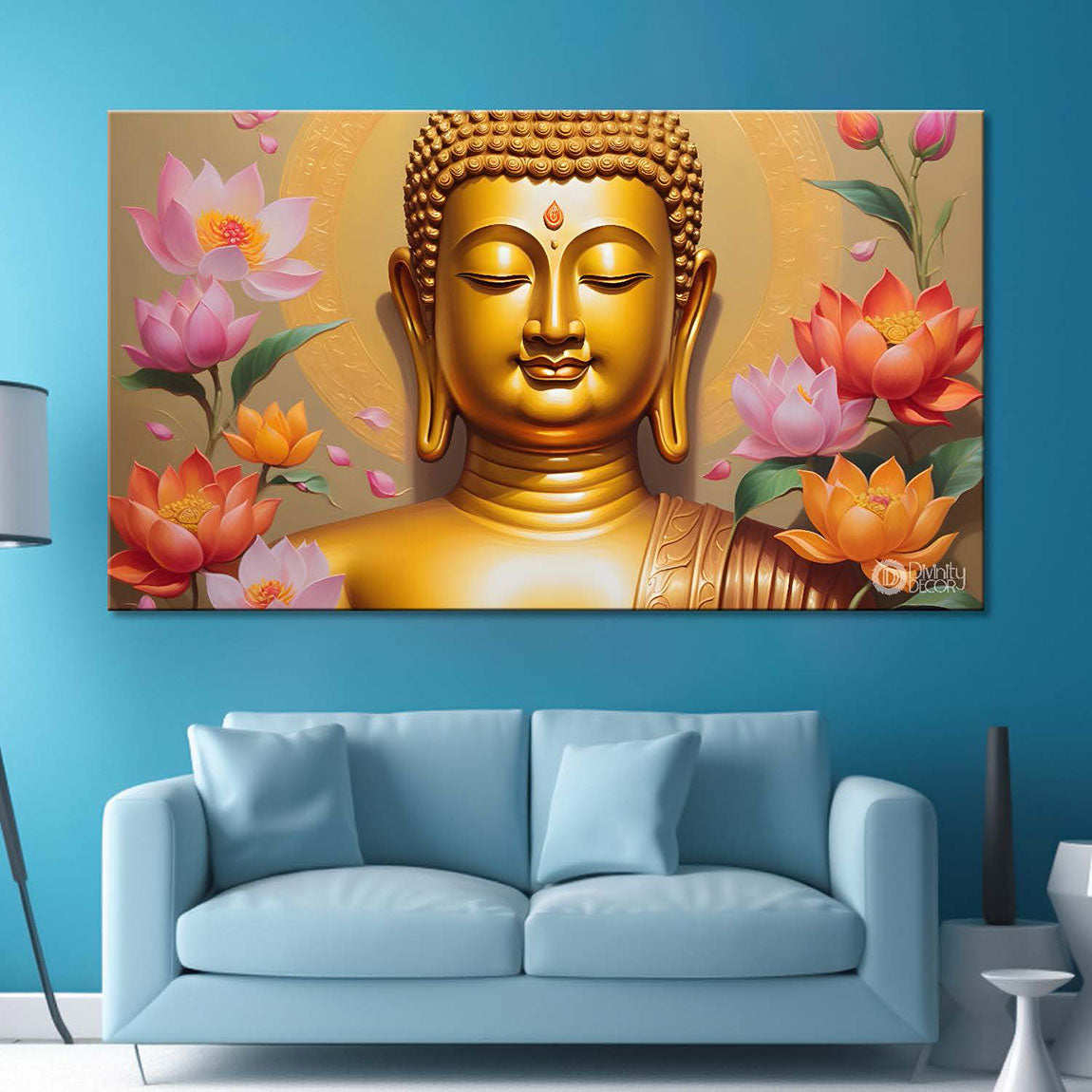 Golden buddha with lotus textured painting Canvas Wall Painting - Buddha-35