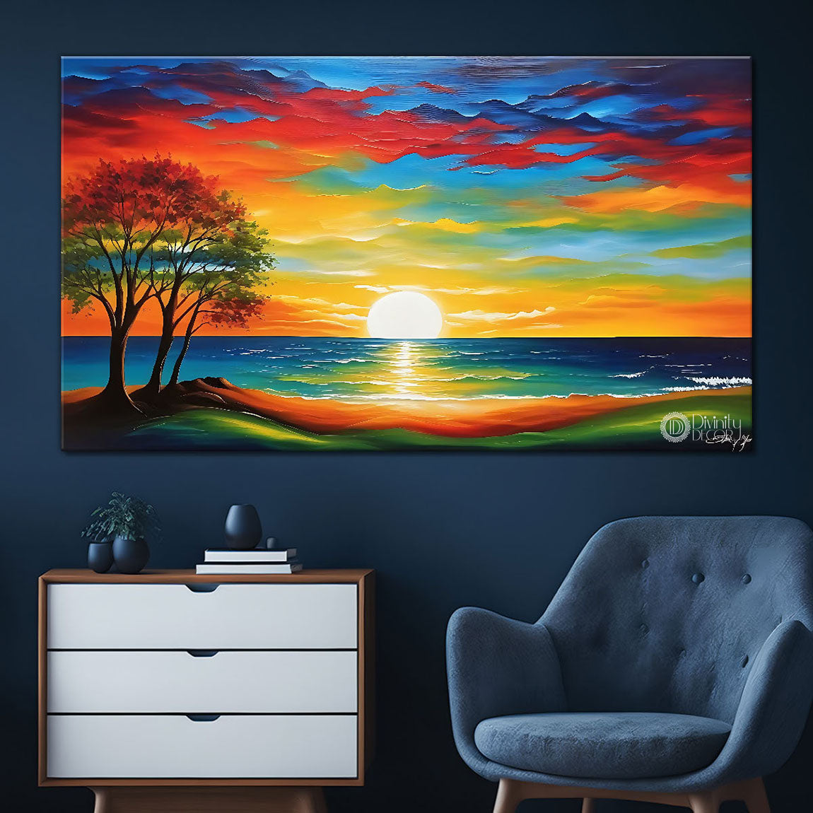 Sunrise view with sea and tree in textured natural art Canvas Painting - Nature Art -35