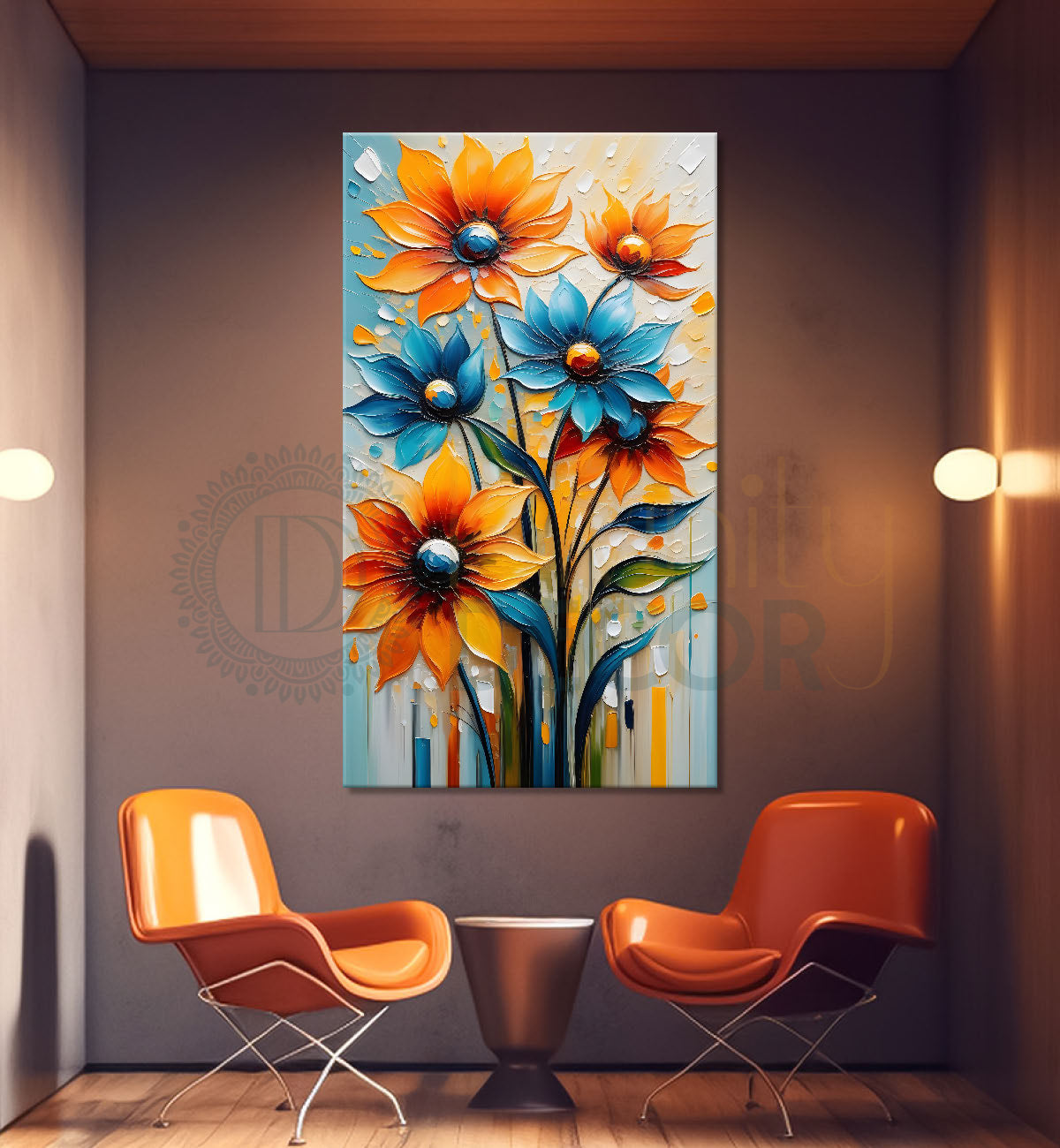 Orange and blue flowers in colourful textured background painting - Flower-V-35
