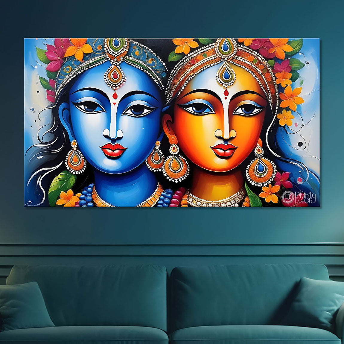 Blue face Krishna and Radha in bright textured painting Canvas Painting - Design - Krishna-36