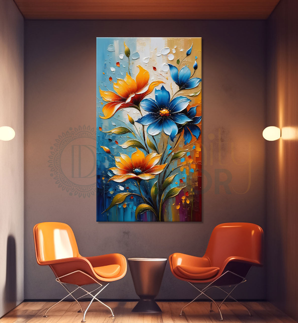 Orange and blue flowers in colourful textured background painting - Flower-V-36