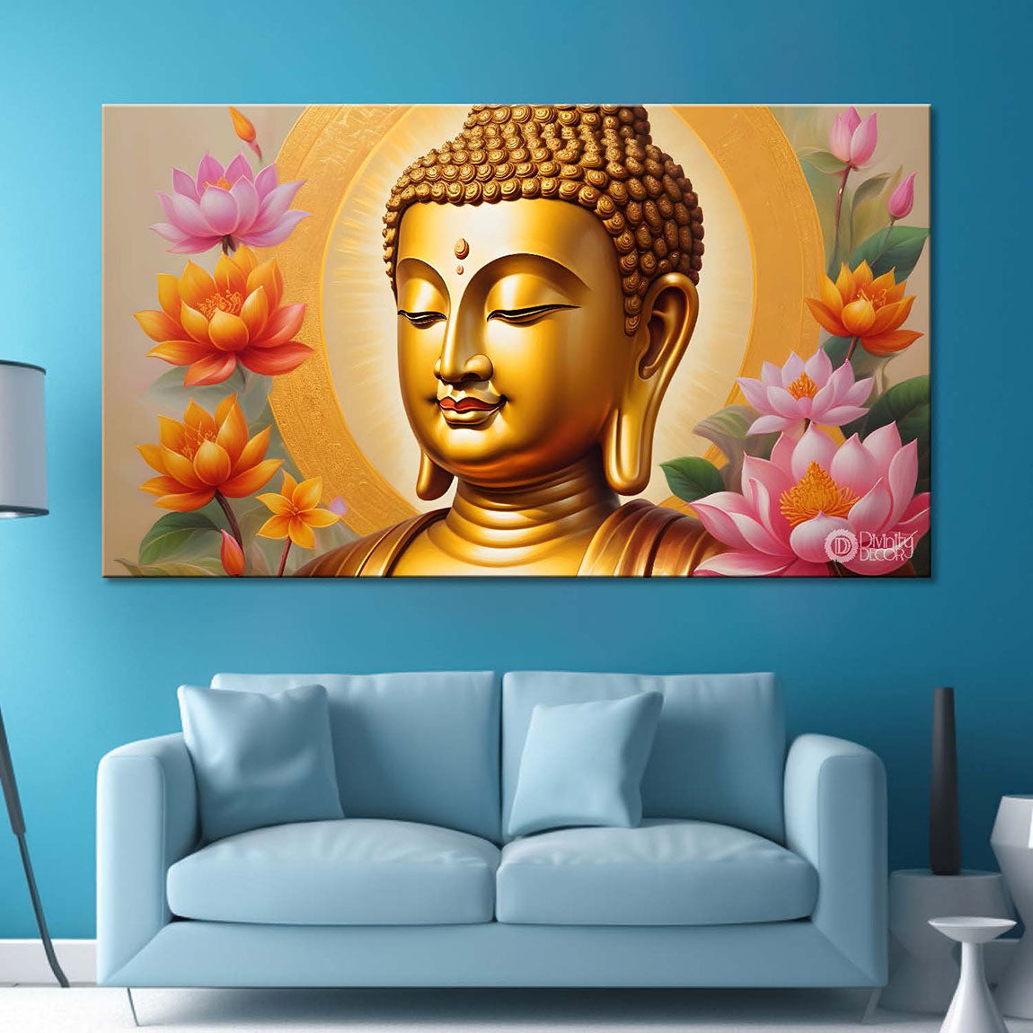 Golden buddha with lotus textured painting Canvas Wall Painting - Buddha-36