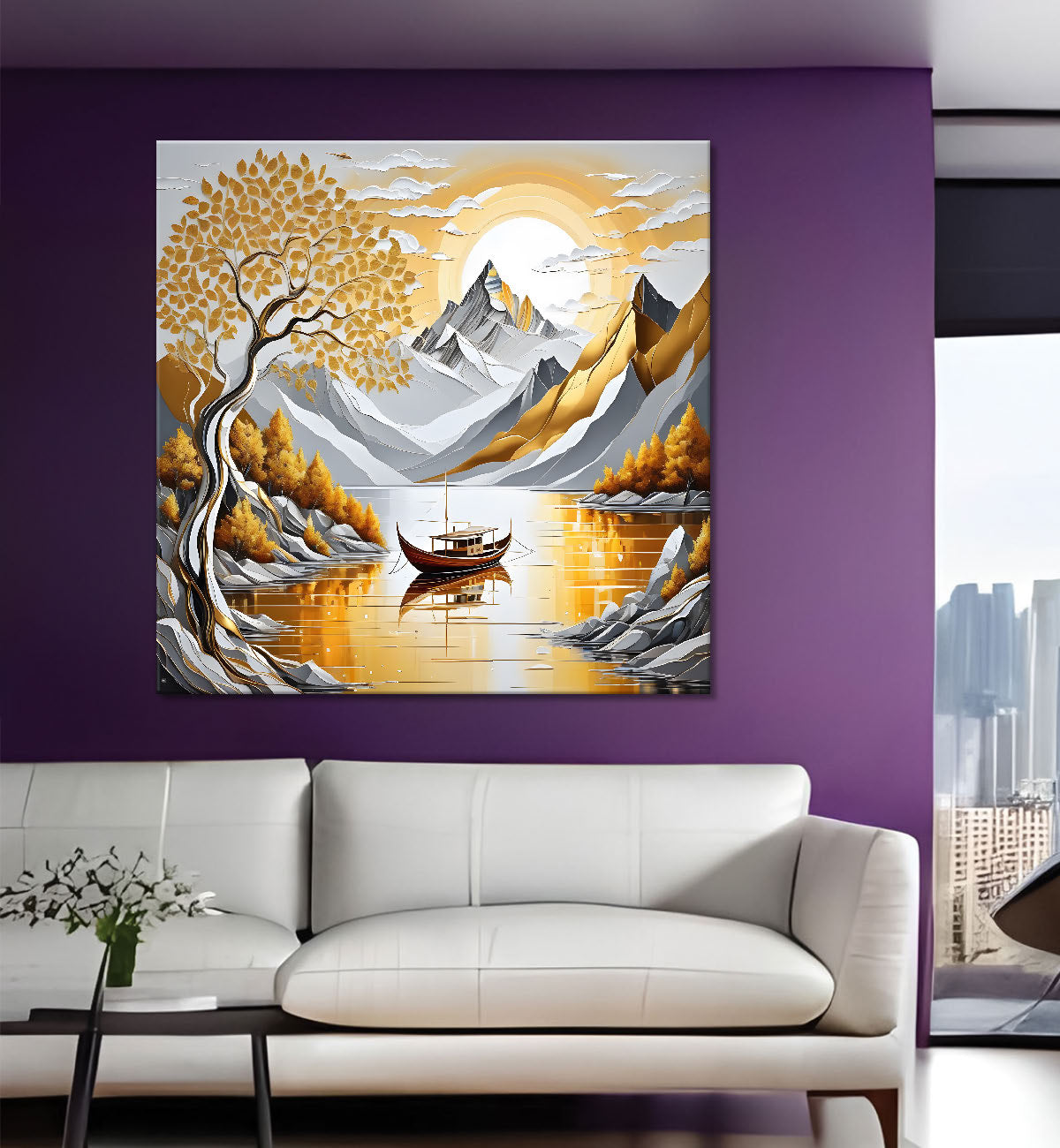 Golden tree with river and mountains in light background painting Canvas Painting 24X24 - Nature Art -S-36