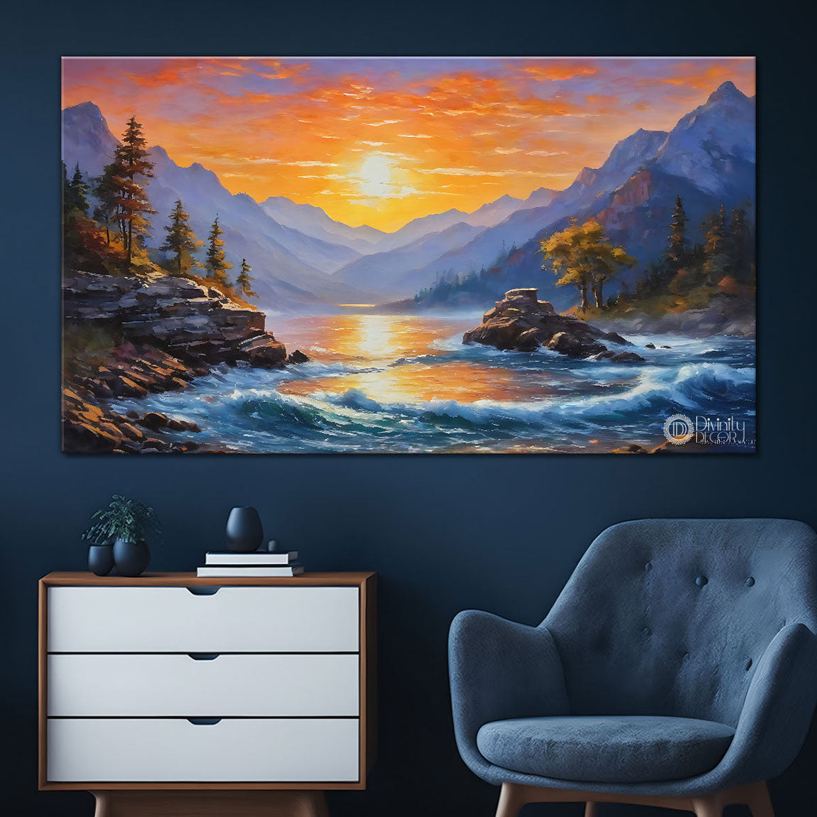 Mountains with river and trees in sunrise view in textured natural art Canvas Painting - Nature Art -36