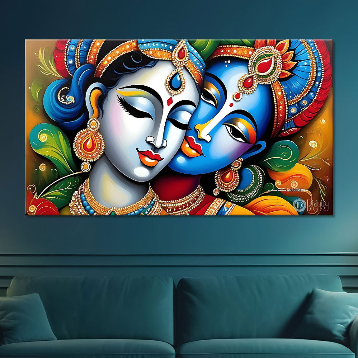 Blue face Krishna and Radha in bright textured painting Canvas Painting - Design - Krishna-37