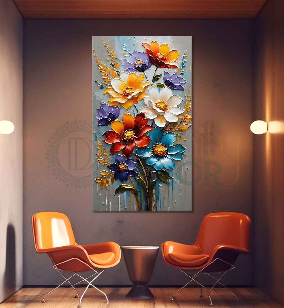 Colourful flowers in grey textured background painting - Flower-V-37