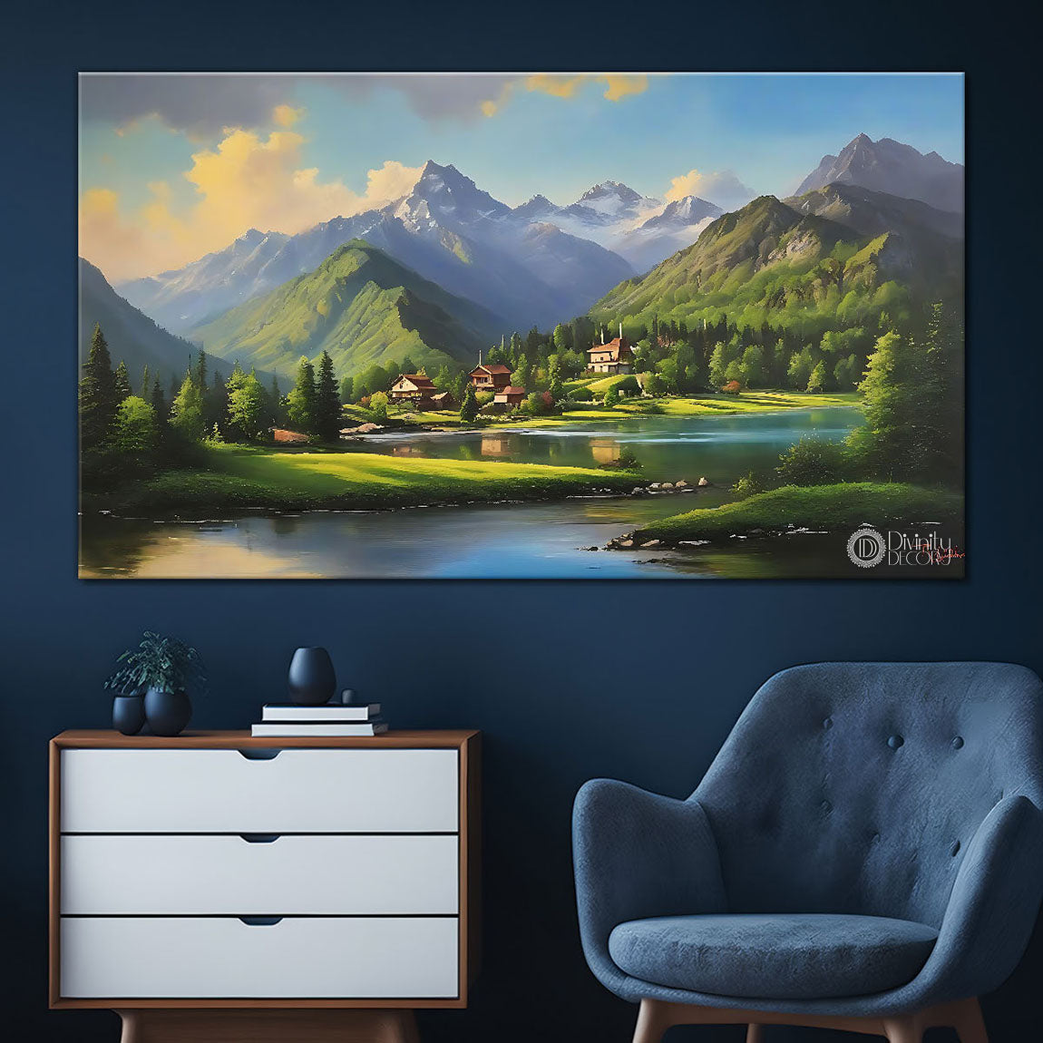 Mountains with greenery and lake in textured natural scenery art Canvas Painting - Nature Art -37