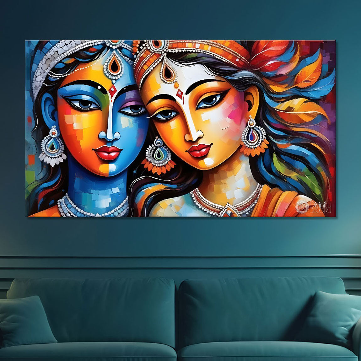 Blue face Krishna and Radha in bright textured painting Canvas Painting - Design - Krishna-38