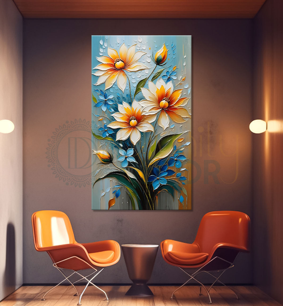 White flowers in grey textured background painting - Flower-V-38