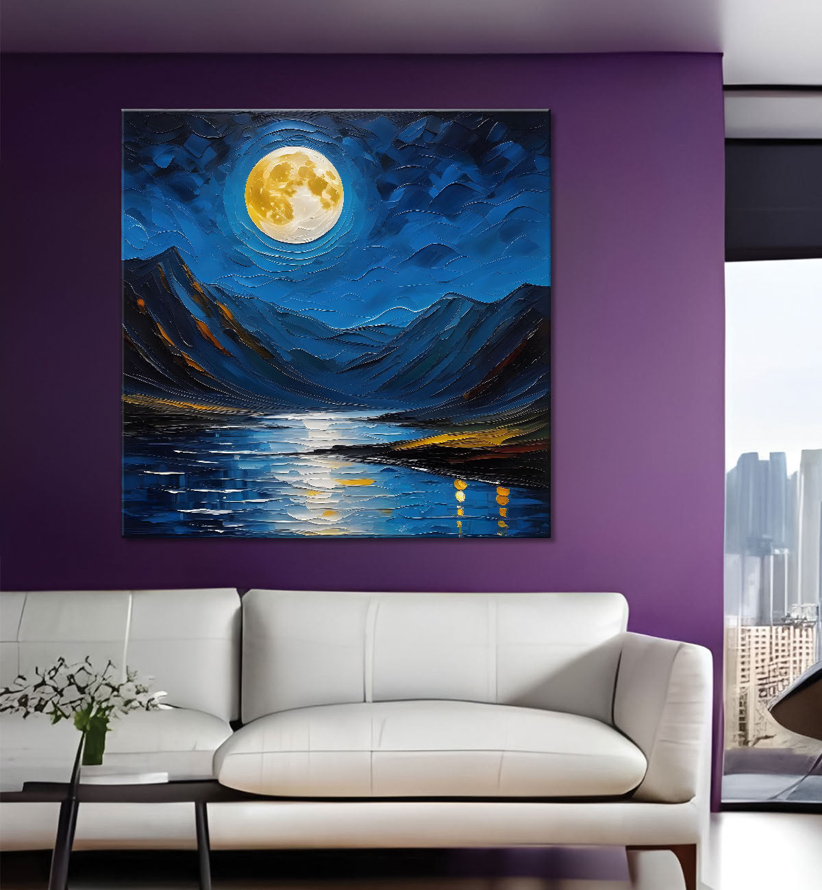 Mountians with moon and lake in night background painting Canvas Painting 24X24- Nature Art -S-38
