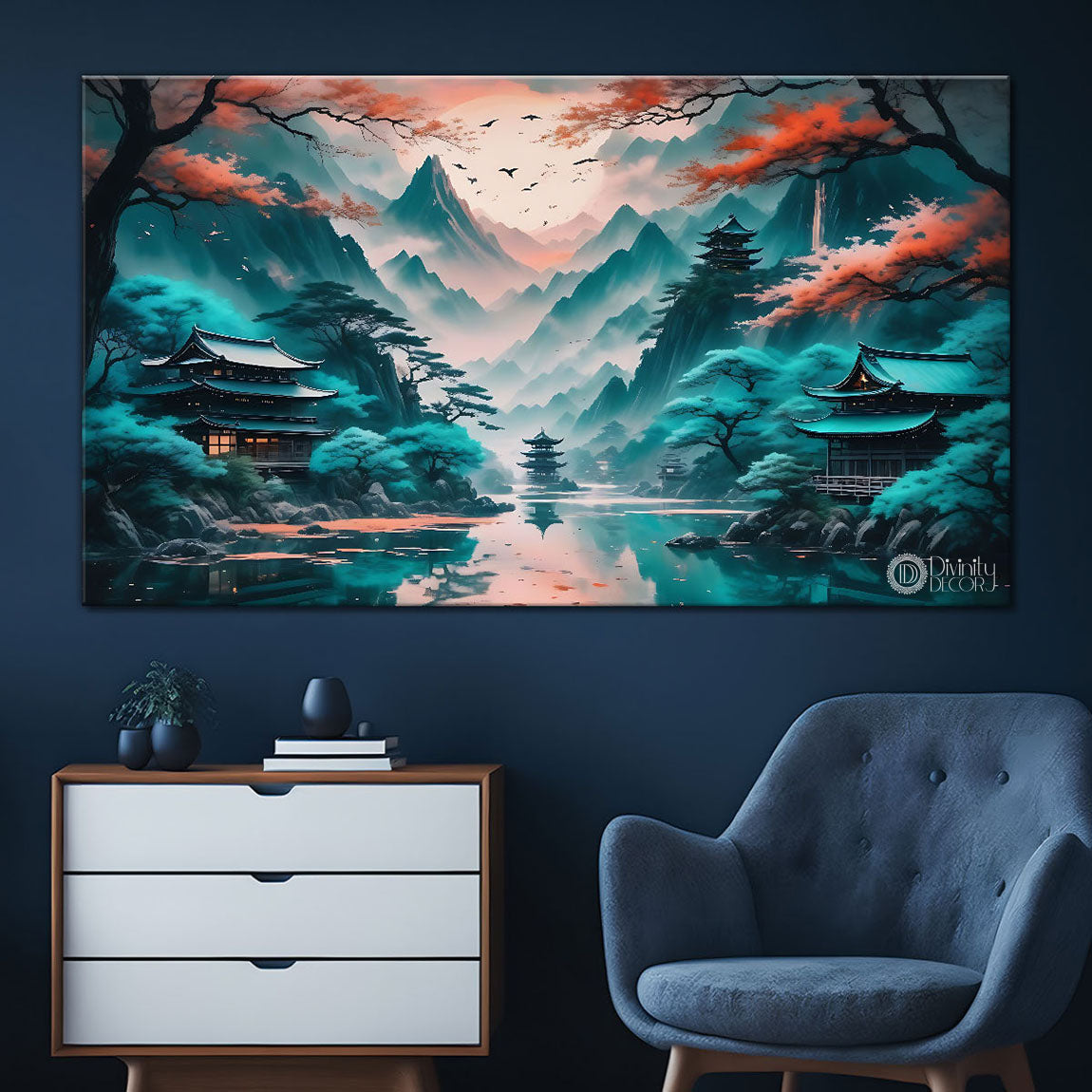 Mountains with river and orange trees in aqua green background textured natural art Canvas Painting - Nature Art -38