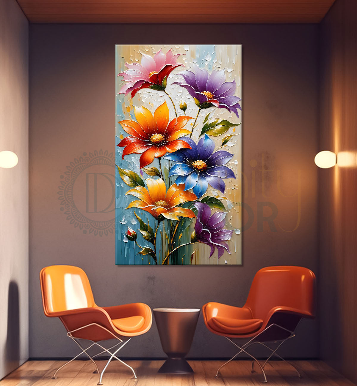 Colourful flowers in grey textured background painting - Flower-V-39