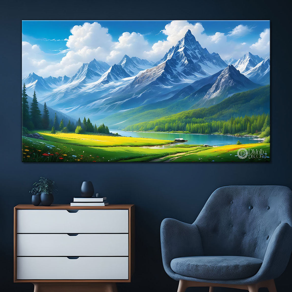 Mountains with greenery and cloudy sky in textured natural art Canvas Painting - Nature Art -39