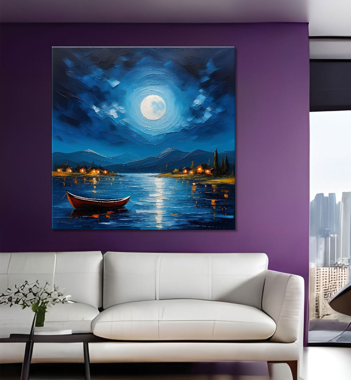 Mountains with river and moon painting Canvas Painting 24X24- Nature Art -S-39