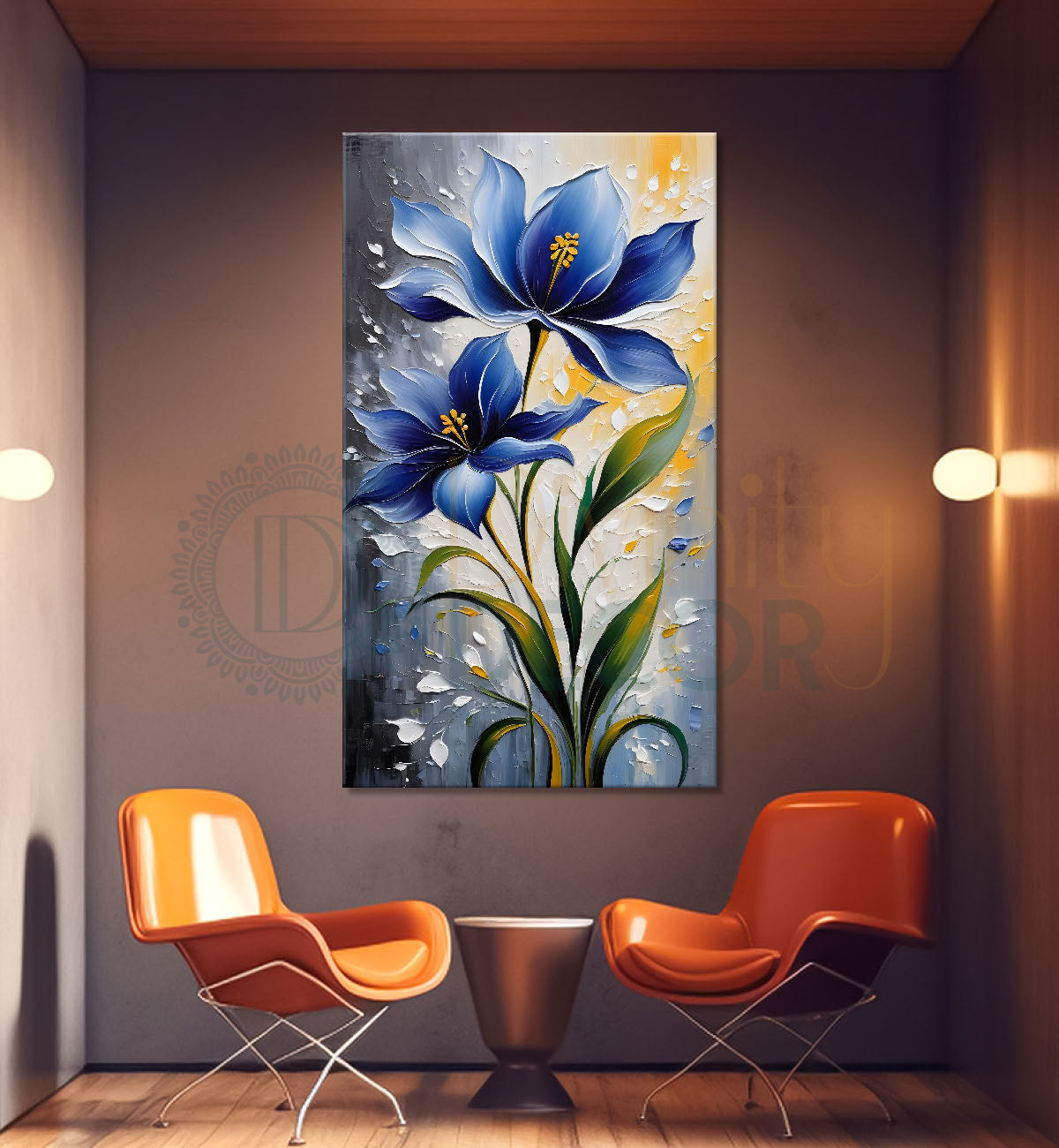 Blue flowers in grey textured background painting - Flower-V-40