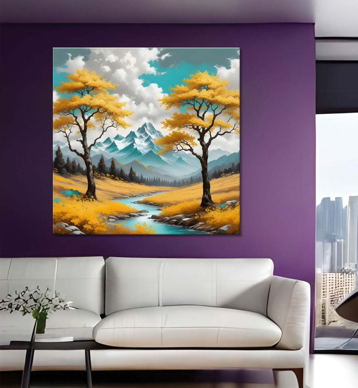 Yellow trees eith lake painting Canvas Painting 24X24 - Nature Art -S-40