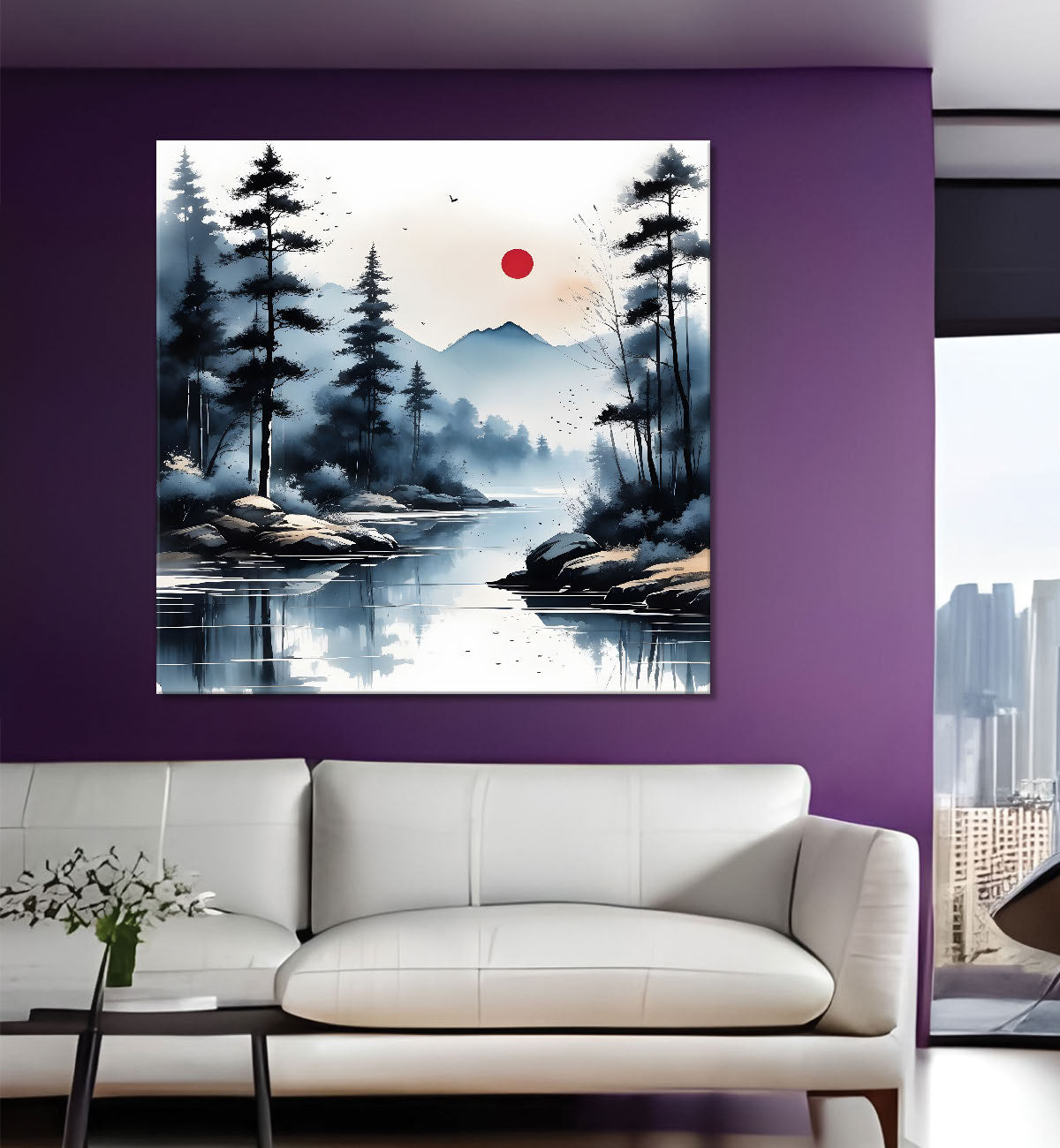 Mountains with trees and river water colour painting Canvas Painting 24X24 - Nature Art -S-41