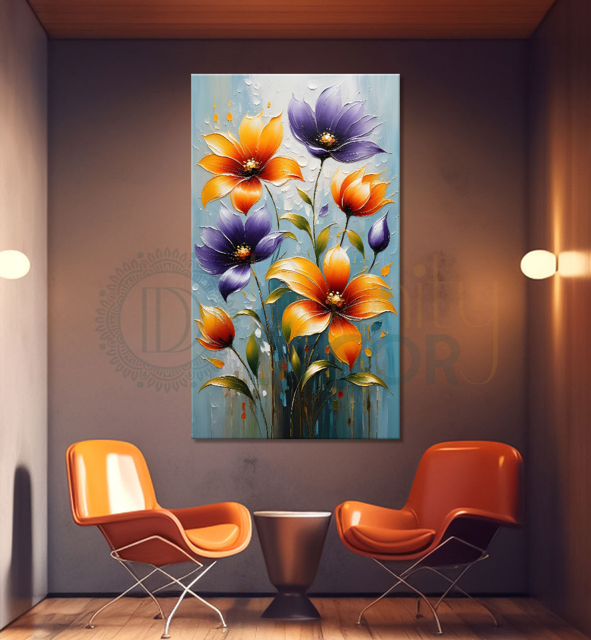 Orange and purple flowers in grey textured background painting - Flower-V-41