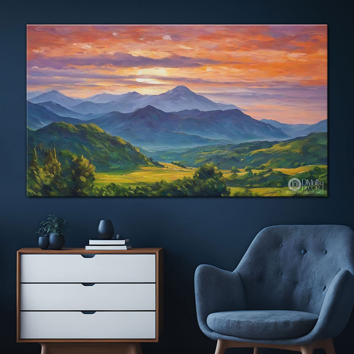 Mountains with greenery in orange sky in textured natural art Canvas Painting - Nature Art -41