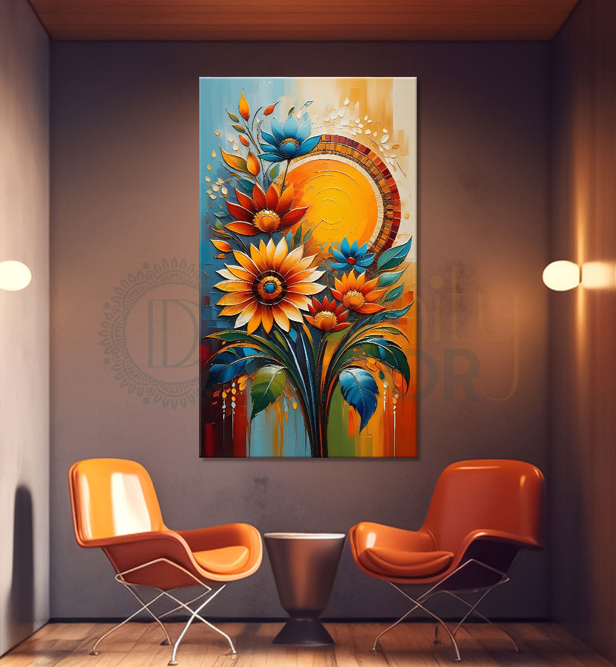 Orange and blue flowers in yellow textured background painting - Flower-V-42
