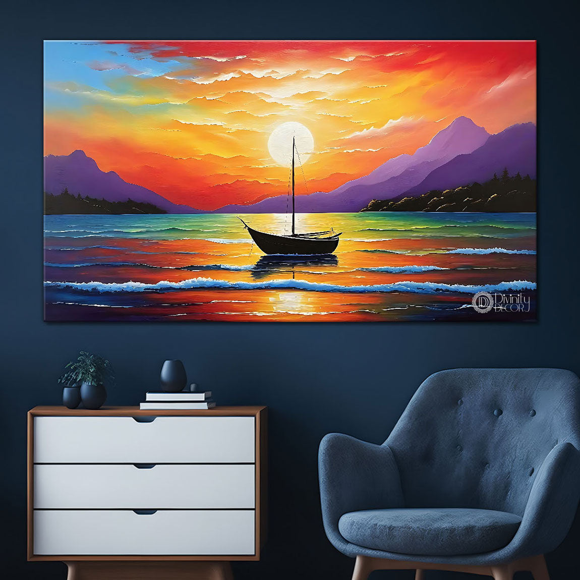 Boat on a river with mountains and colorful sky in textured natural art Canvas Painting - Nature Art -42