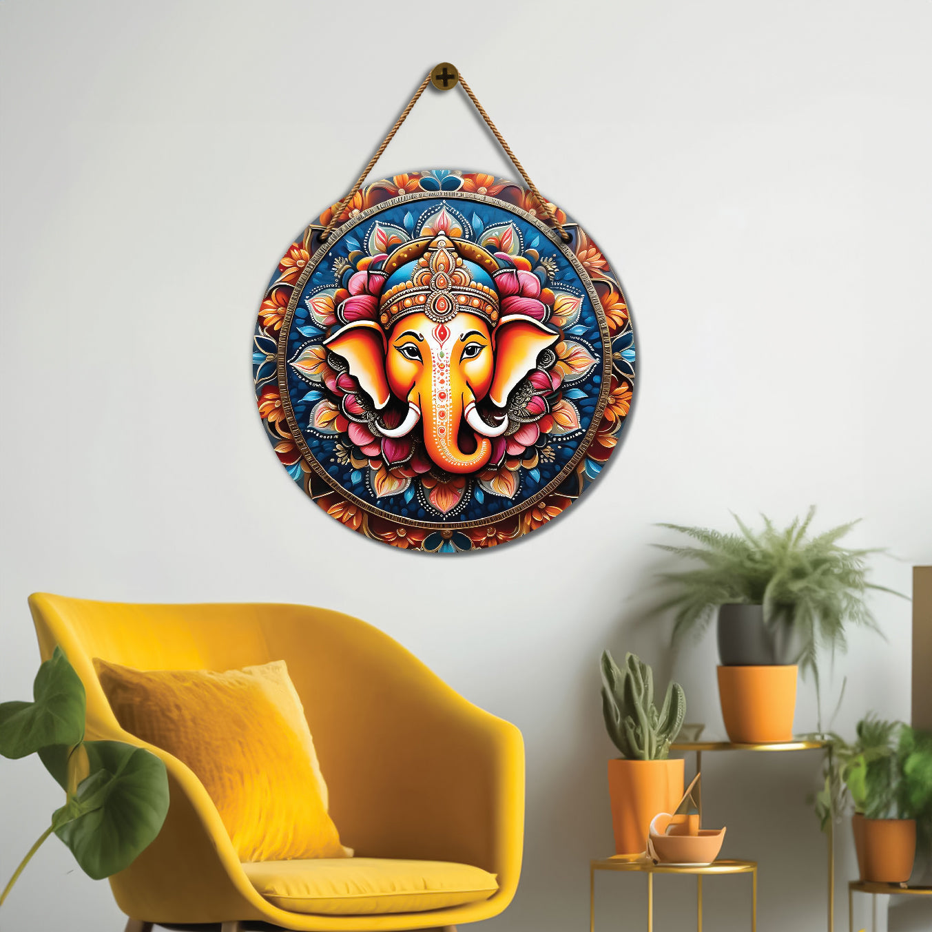 Ganesh Ji in blue and orange mandala Round Wooden Wall Hanging for wall Décor - Design - 42