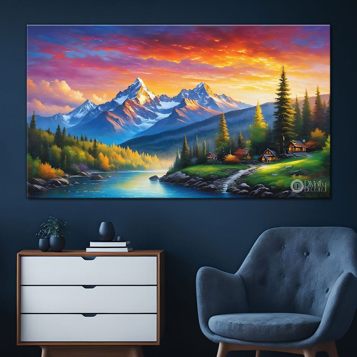 Mountains with river and colorful sky in textured natural art Canvas Painting - Nature Art -43